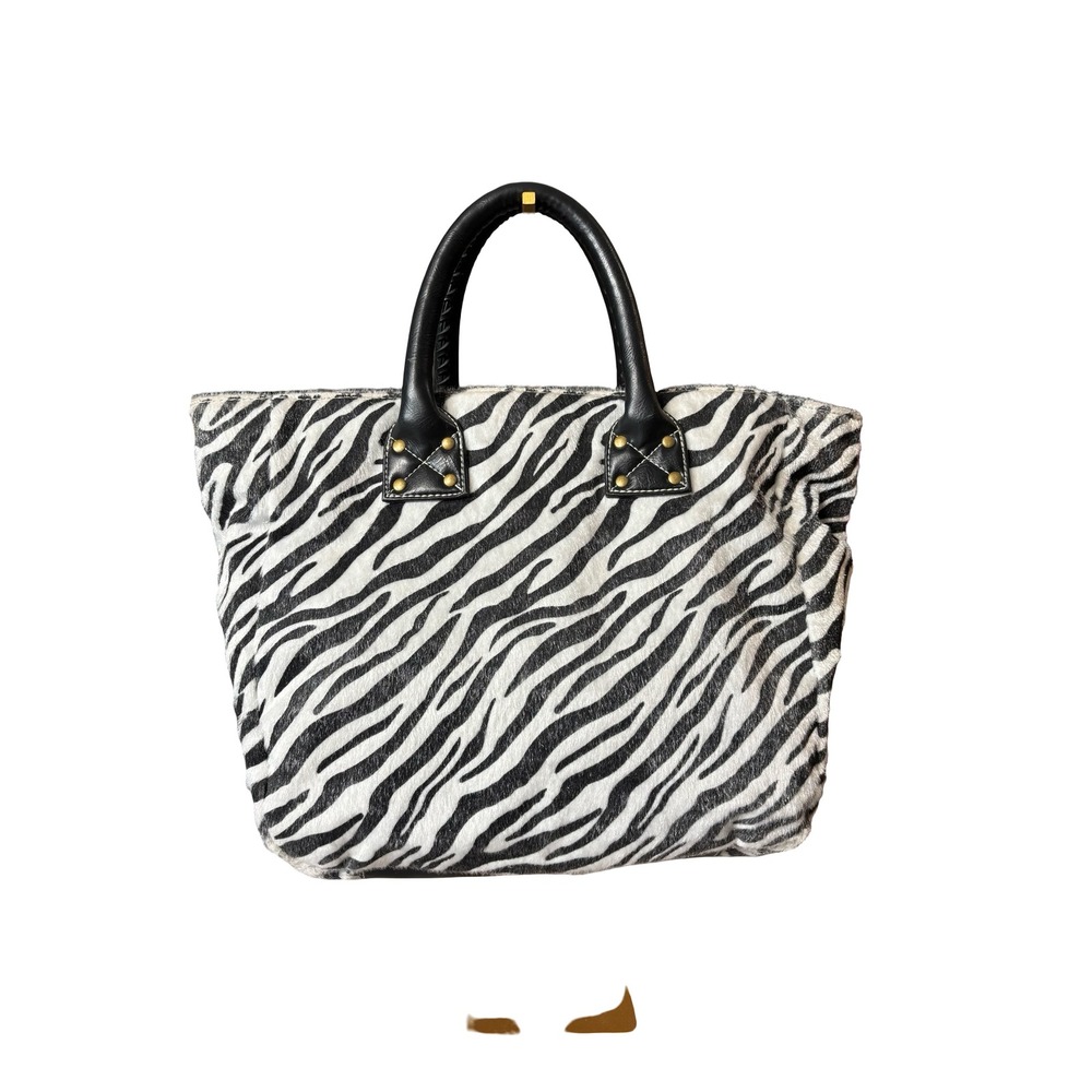 Y2K Zebra Print Faux Fur Tote Bag Large Black White Whipstitch Handle